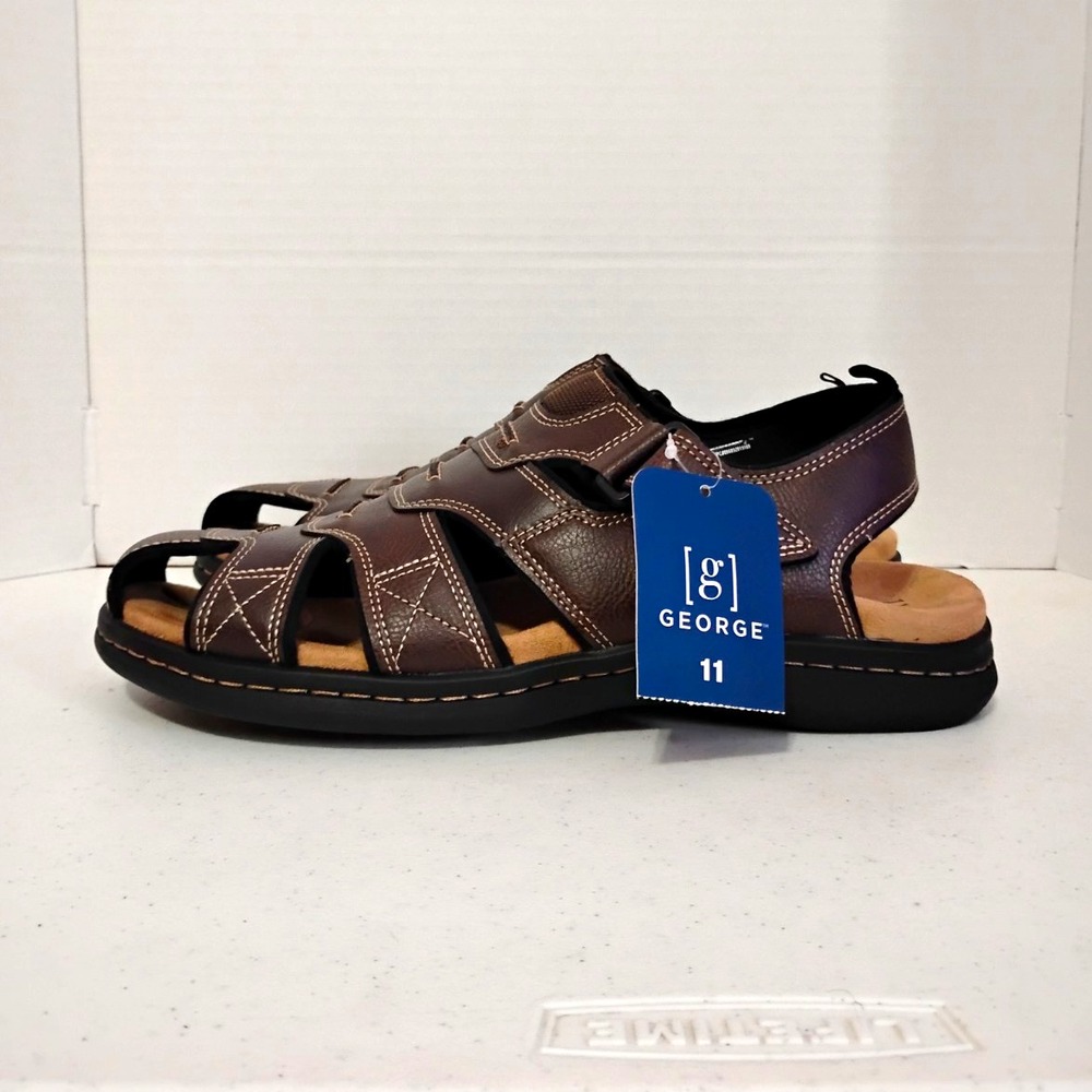 George Mens Fisherman Sandals Hook & Loop Brown/Black US 11 EU 44.5